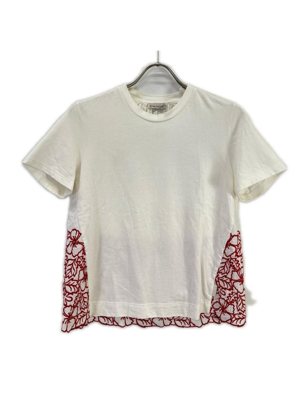 Moncler Maglia White Red Cotton Flower Embroidery Shoulder Zip Short Sleeve Top